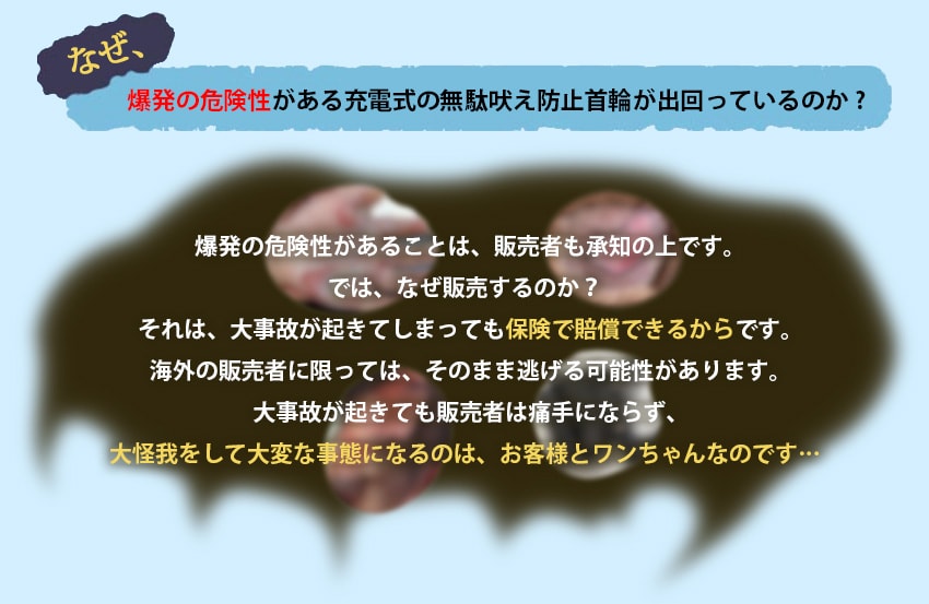 なぜ、爆発の危険性がある充電式の無駄吠え防止首輪が出回っているのか?