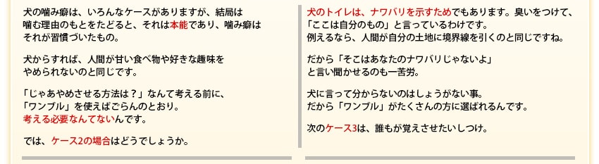 犬の噛み癖は、いろんなケースがありますが、結局は噛む理由のもとをたどると、それは本能であり、噛み癖はそれが習慣づいたもの。やめさせる方法を考える前に、ワンブルを使えば考える必要なんてありません。また、犬のトイレは縄張りを示すものでもあり、匂いをつけて、ここは自分のものと言っています。