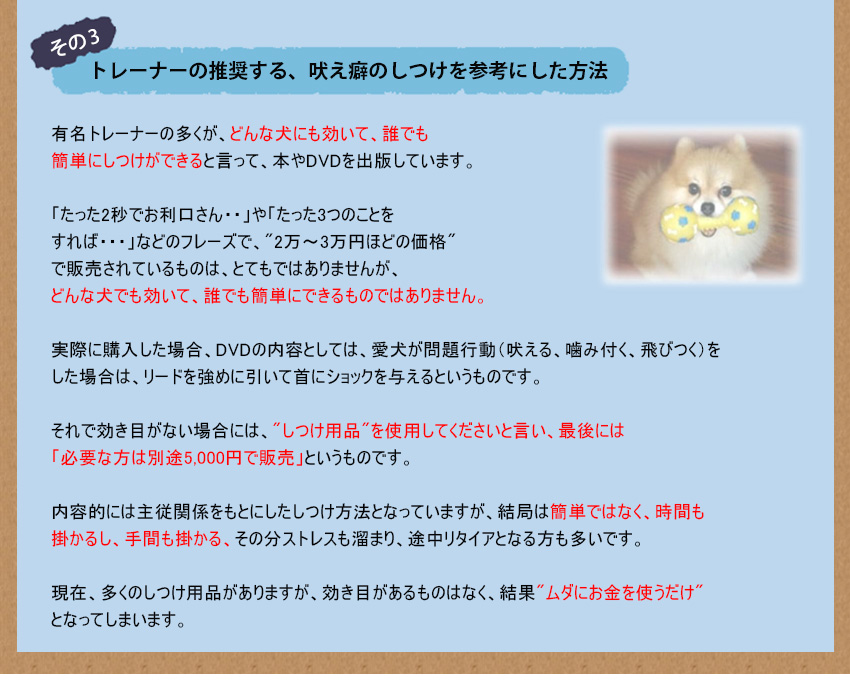 その3、トレーナーの推奨する、吠え癖のしつけを参考にした方法有名トレーナーの多くが、どんな犬にも効いて、誰でも簡単にしつけができると言って、本やDVDを出版しています。たった2秒でお利口さんやたった3つのことをすればなどのフレーズで、2万〜3万円ほどの価格で販売されているものは、とてもではありませんが、どんな犬でも効いて、誰でも簡単にできるものではありません。