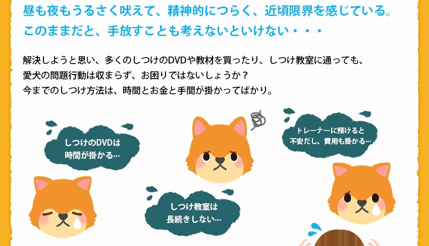 昼も夜もうるさく吠えて、精神的につらく、近頃限界を感じている。このままだと、手放すことも考えないといけない解決しようと思い、多くのしつけのDVDや教材を買ったり、しつけ教室に通っても、愛犬の問題行動は収まらず、お困りではないしょうか?今までのしつけ方法は、時間とお金と手間が掛かってばかり。
