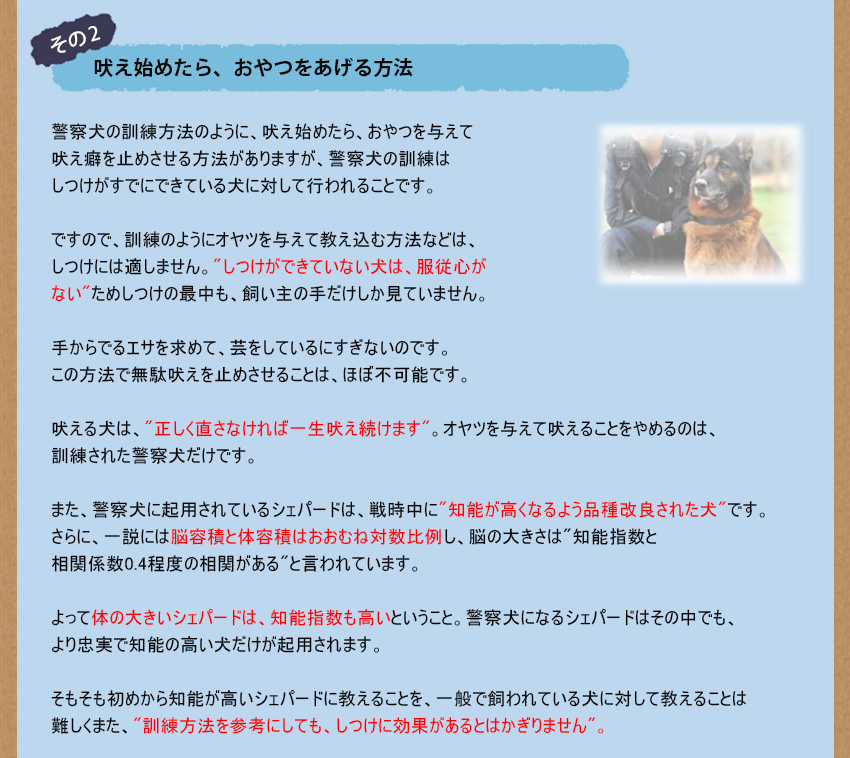 その2、吠え始めたら、おやつをあげる方法。警察犬の訓練方法のように、吠え始めたら、おやつを与えて吠え癖を止めさせる方法がありますが、警察犬の訓練はしつけがすでにできている犬に対して行われることです。ですので、訓練のようにオヤツを与えて教え込む方法などは、しつけには適しません。しつけができていない犬は、服従心がないためしつけの最中も、飼い主の手だけしか見ていません。