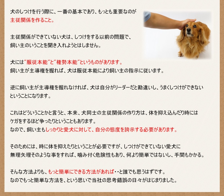 犬のしつけを行う際に、一番の基本であり、もっとも重要なのが主従関係を作ること。主従関係ができていない犬は、しつけをする以前の問題で、飼い主のいうことを聞き入れようとはしません。犬には服従本能と権勢本能というものがあります。飼い主が主導権を握れば、犬は服従本能により飼い主の指示に従います。